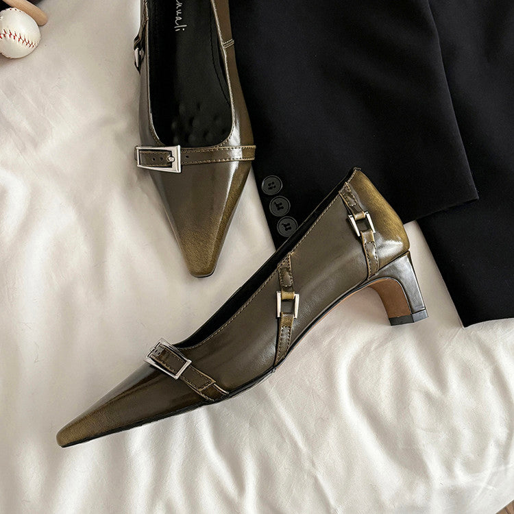 Karin Luna In Stock In Stock Retro Belt Buckle Small Square Toe Chunky Heel Single Shoes