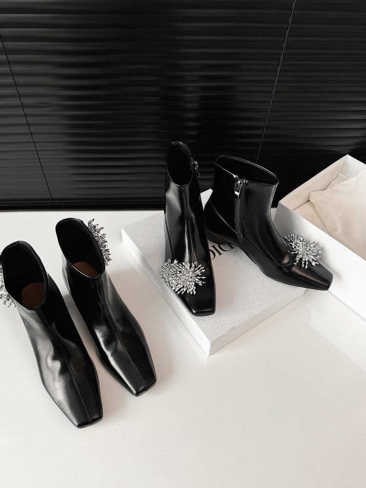 Karin Luna Elegant Style Square Toe Flower Design Height Increasing Short Boots with Two Front and Back Options