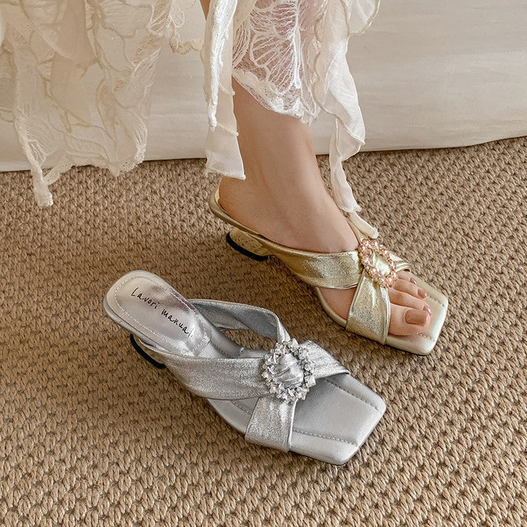 Karin Luna In Stock In Stock Elegant Square-Toe Cross-Strap Rhinestone Square-Toe Slippers