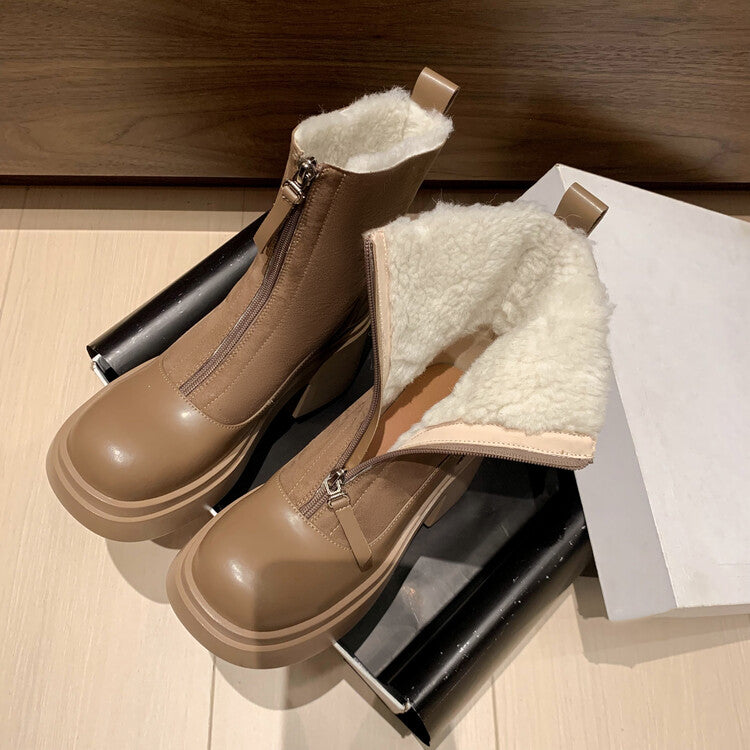 Karin Luna Basic Bestseller Timeless Thick Fur Lined Round Toe Thick Sole Cowhide Snow Boots