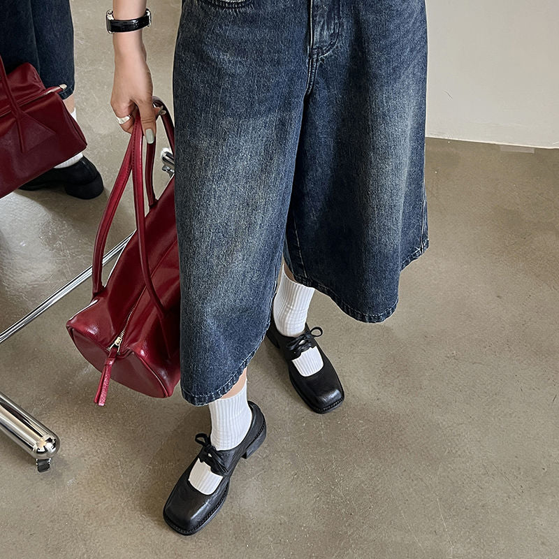 Karin Luna In Stock Spot Goods   Full leather inside and out Vegetable Tanned Hand-Grabbed Sheepskin Square-Toed Chunky Heel Single Shoes