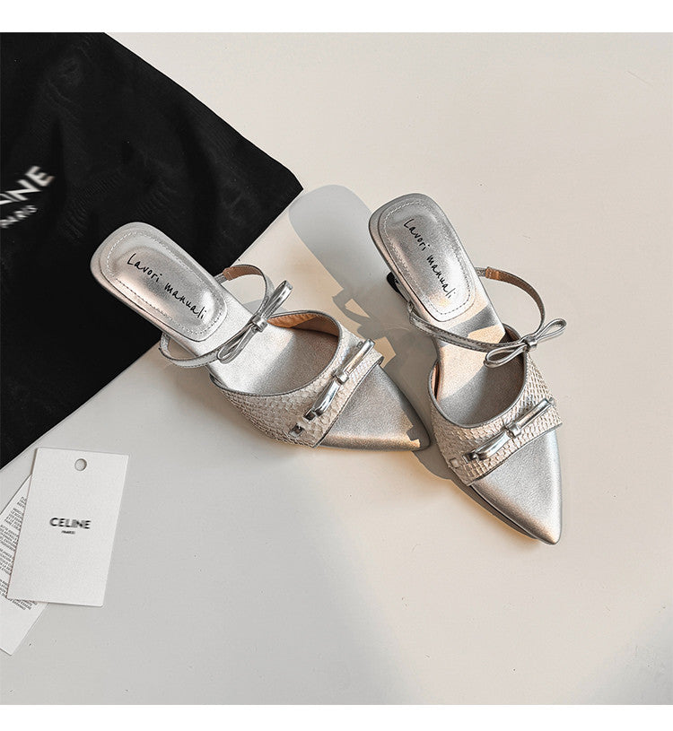Karin Luna Fish Skin Series~Pointed Toe Irregular Heel Bowknot Strap Slippers