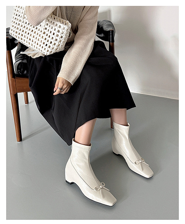 Karin Luna French Style Square Toe Bowknot Hidden Wedge Slim Boots