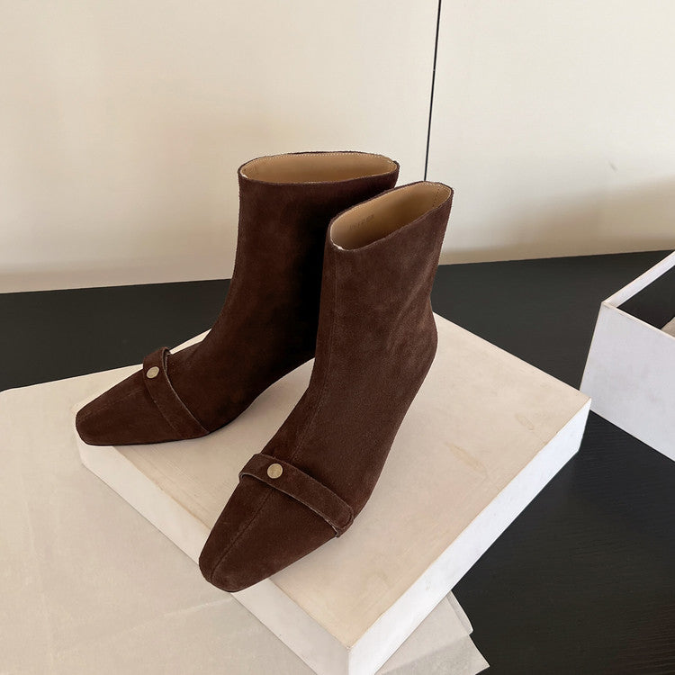 Karin Luna Elegant Style Small Square Toe Belt Buckle Thin Heel Short Boots