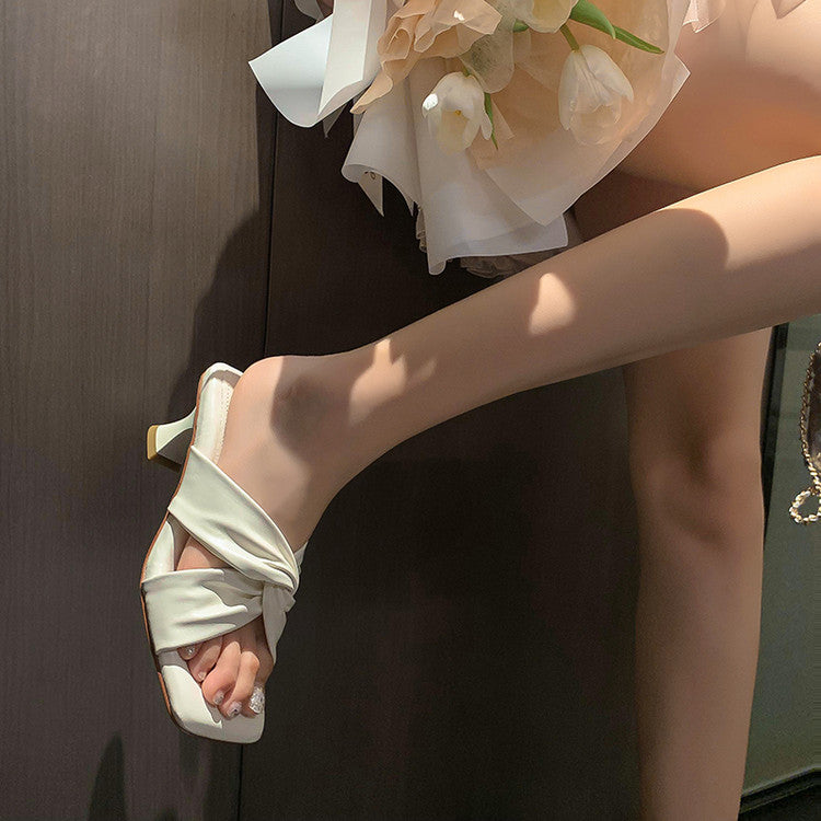 Karin Luna In Stock Spot Goods   Absolutely amazing4Color Cross Strap Thick Heel Square Toe Soft Slippers