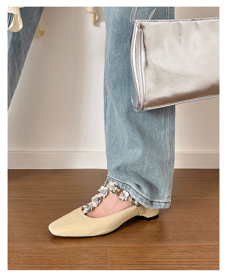 Karin Luna In Stock Spot Goods  T Handmade Sequin Flower Square Toe Height-Increasing Closed-Toe Slippers