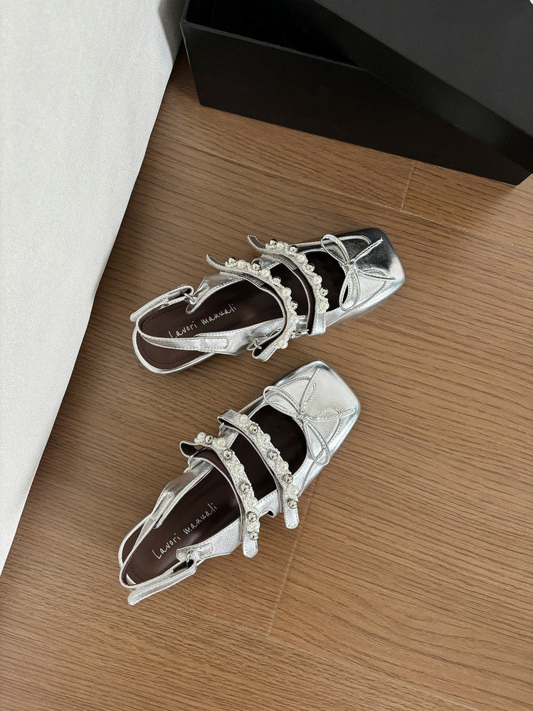 Karin Luna In Stock In Stock  Square Toe Bowknot Pearl Strap Closed-Toe Sandals