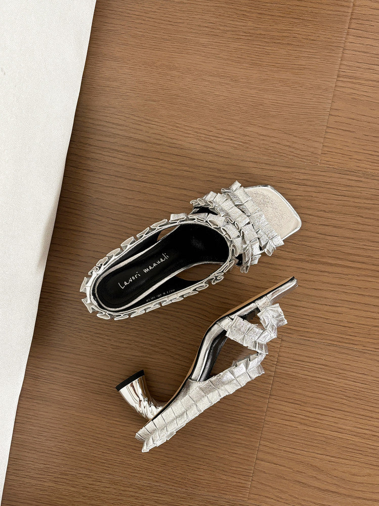 Karin Luna In Stock  Spot Goods  Unique Square-Toe Pleated Lace Sandals