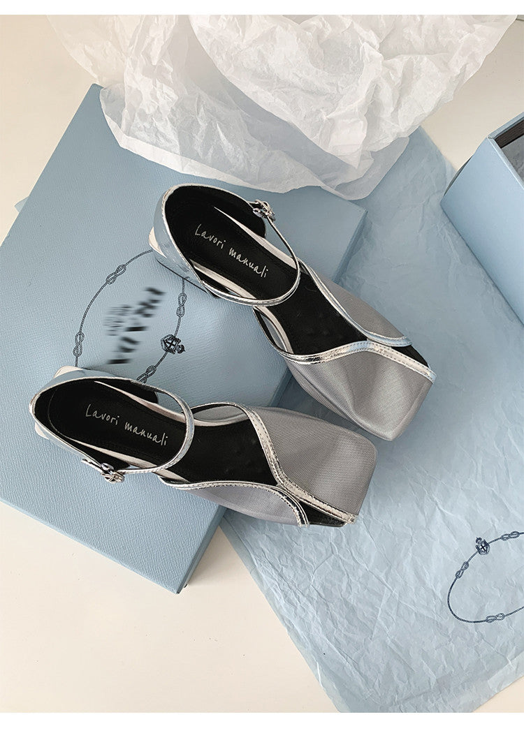 Karin Luna In Stock In Stock  Internet Celebrity Style Square Toe Mesh Chunky Heel Sandals