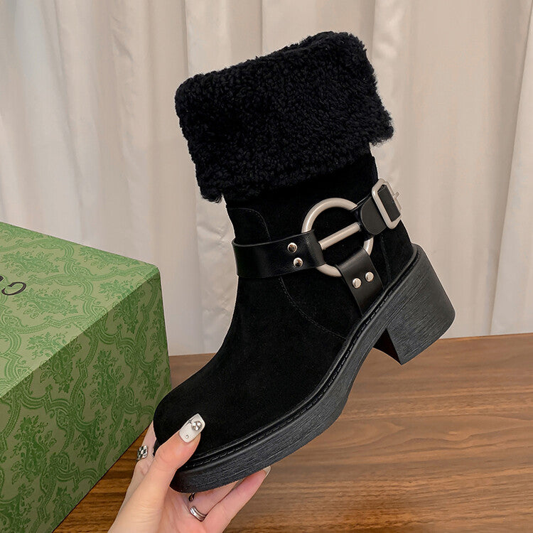 Karin Luna Genuine Lamb Wool and Cowhide Leather Hot-selling Metal Buckle Round Toe Chunky Heel Main Push Main Push
