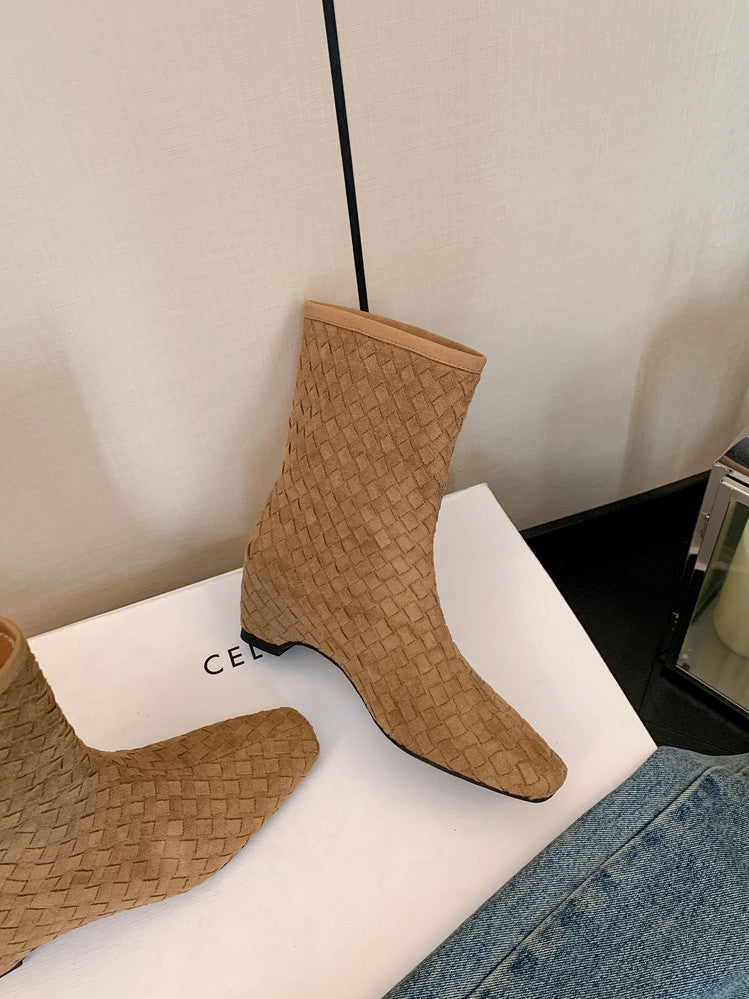 Karin Luna Handmade Woven Fabric Small Square Toe Hidden Heel Short Boots