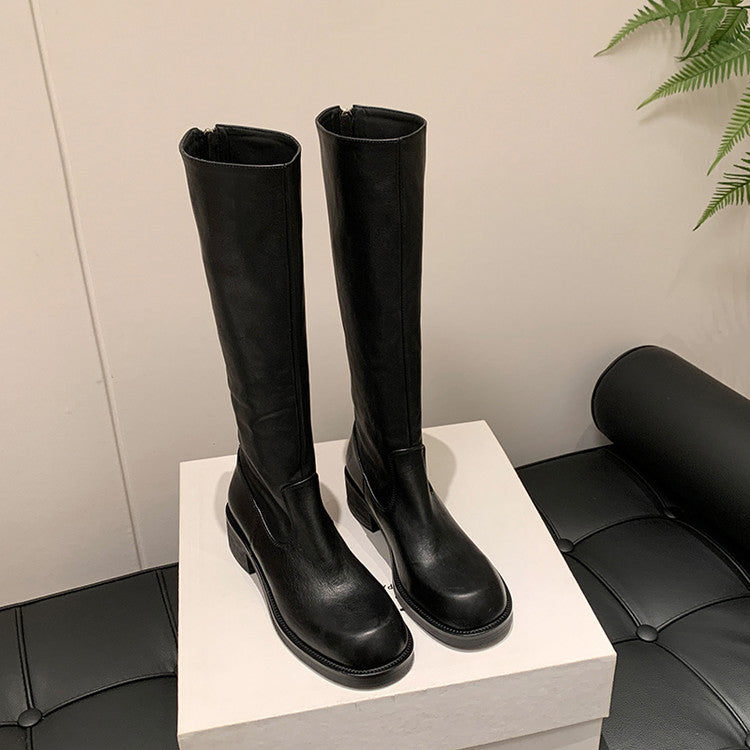 Karin Luna Basic Versatile Style Round Toe Chunky Heel Long Boots