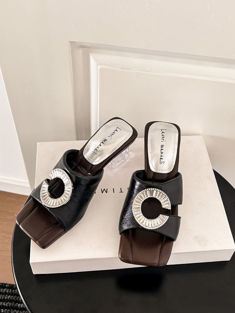 Karin Luna In Stock  Spot Goods  Large Rhinestone Square-Toed Crystal Heel Slippers