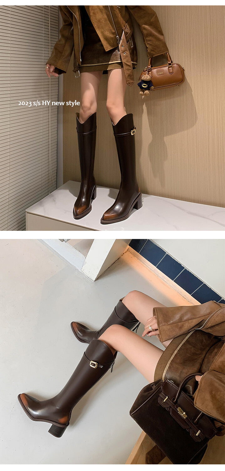 Karin Luna Bestseller  Popular Understood everything  Basic Elegant Outfit Pointed Toe Chunky Heel Full Cowhide I Am A Knight Boots
