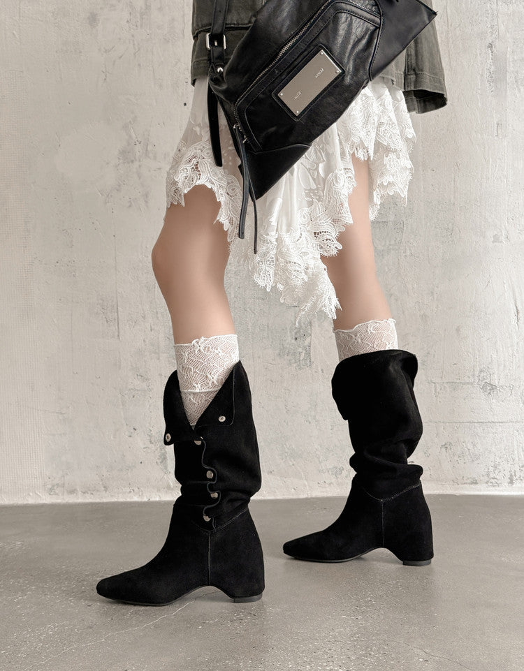 Karin Luna Bestseller Hot-Selling Hidden Buckle Lazy Style Square-Toe Height-Increasing Suede Western Boots