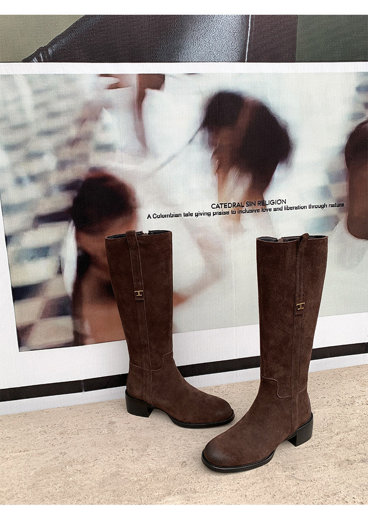 Karin Luna In Stock Spot Goods Basic Retro Square Toe Chunky Heel Riding Boots