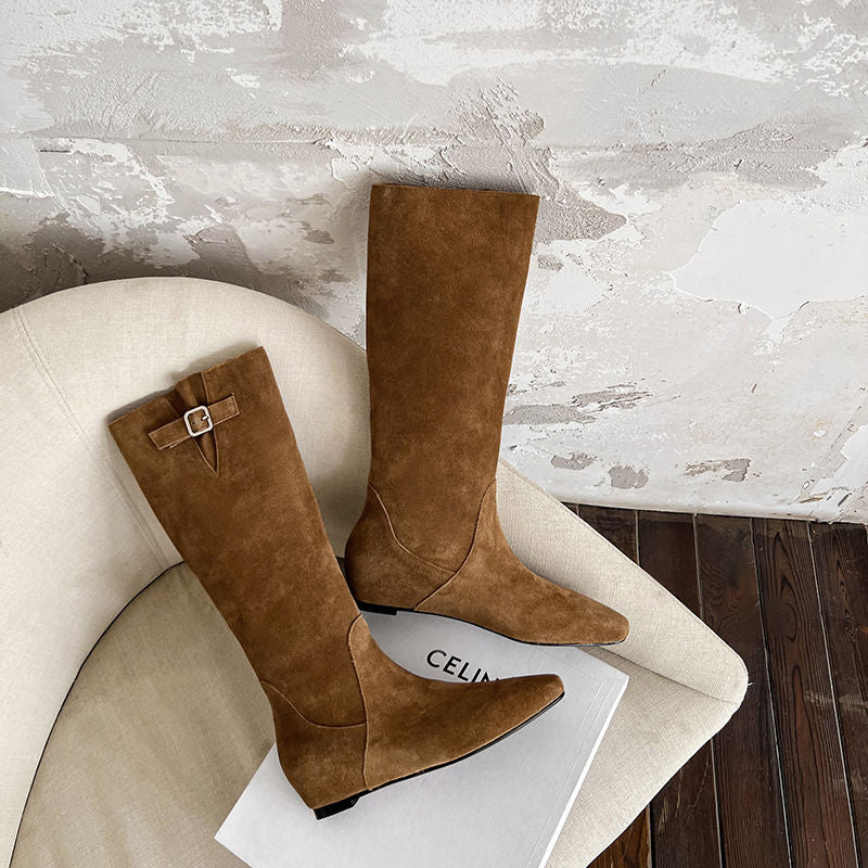 Karin Luna In Stock Spot Goods Vintage Cowhide Leather Chunky Heel Height Increasing Long Boots