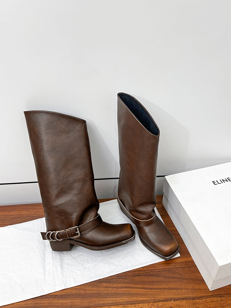 Karin Luna Elegant Style Square Toe Belt Buckle Pants Boot Short Boots