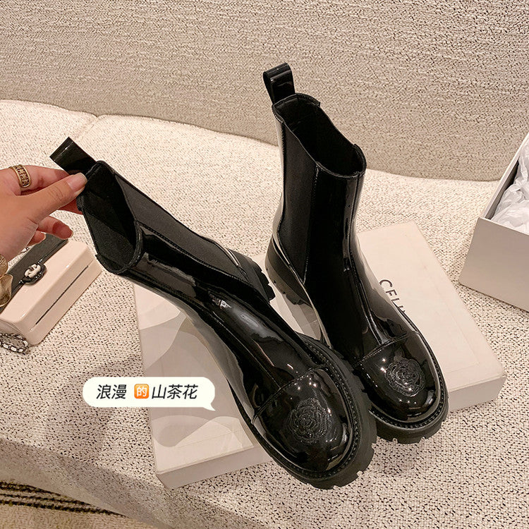 Karin Luna In Stock Spot Goods  Classic Embroidered Camellia Round Toe Thick Sole Chelsea Boots