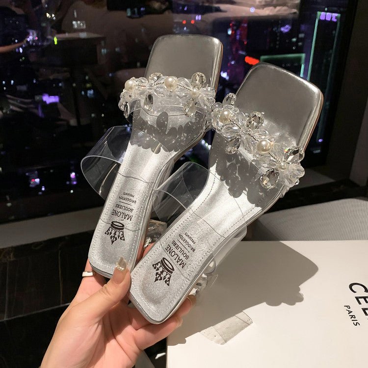 Karin Luna In Stock Spot Goods  Always in stock Square Toe Sweet Rhinestone Crystal Heel Slippers
