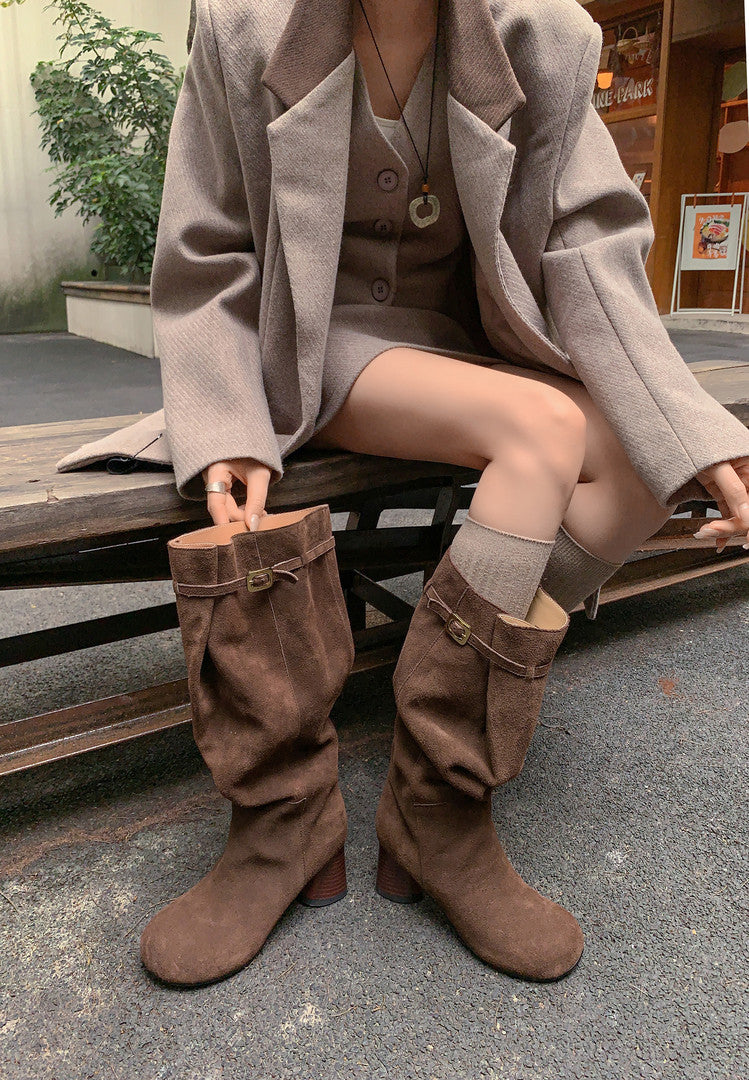 Karin Luna In Stock In Stock Mango Head Large Tube Belt Buckle Chunky Heel Long Boots