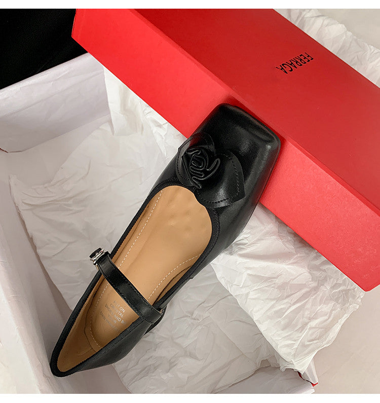 Karin Luna In Stock Spot Goods  Vintage Three-Dimensional Camellia Square-Toed Mary Jane Shoes