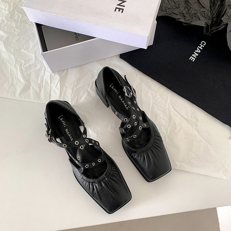 Karin Luna In Stock Spot Goods First Layer Sheepskin Cross Strap Rivet Square Toe Mary Jane Sandals