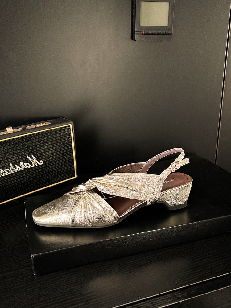 Karin Luna French Retro Wrinkled Small Square Toe Elegant Closed-Toe Sandals