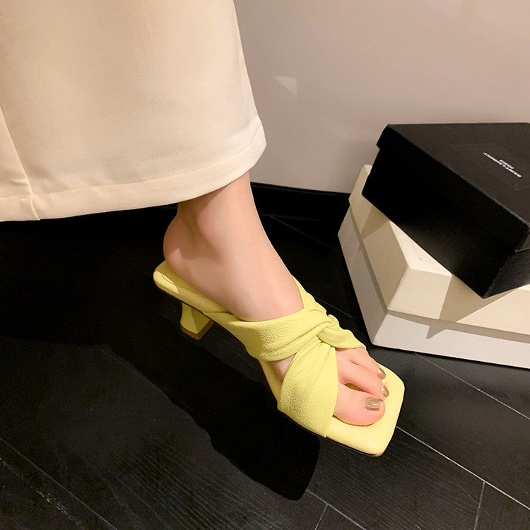 Karin Luna In Stock In Stock  Comfortable Cross Strap  Airy High Heel Square Toe Slippers