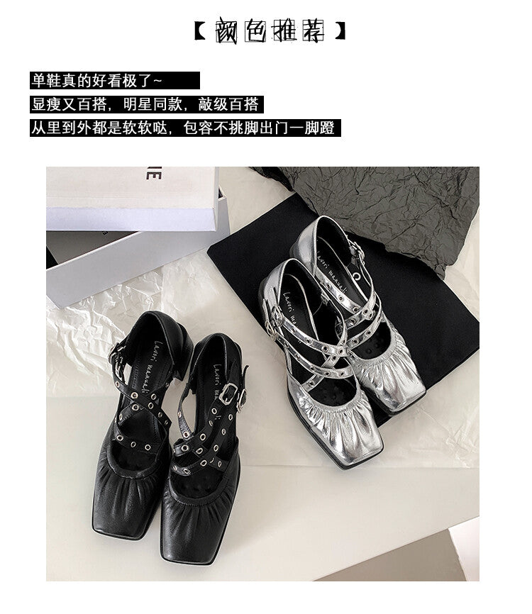 Karin Luna In Stock Spot Goods First Layer Sheepskin Cross Strap Rivet Square Toe Mary Jane Sandals