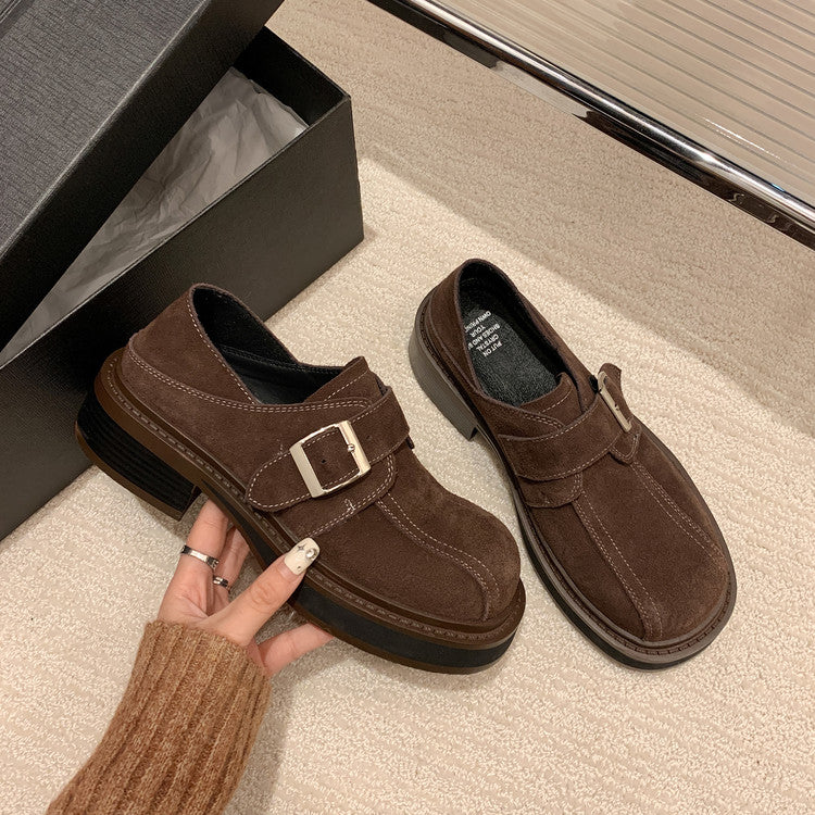 Karin Luna In Stock Spot Goods Metal Round Toe Cow Leather Thick Sole Flats