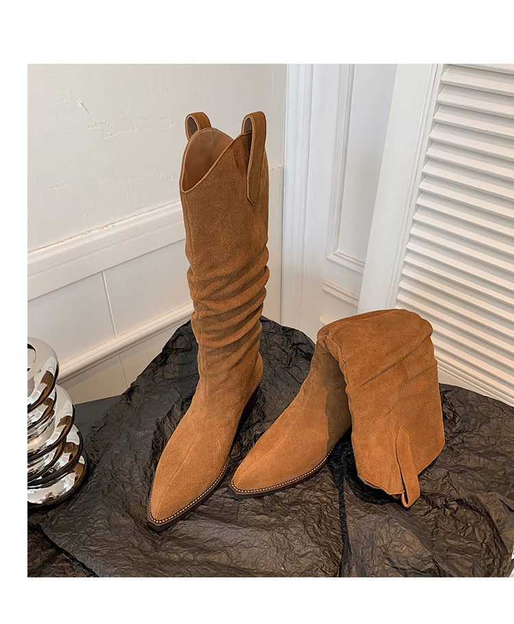 Karin Luna Elegant Style  Pointed Toe Wrinkled Wide Western Boots