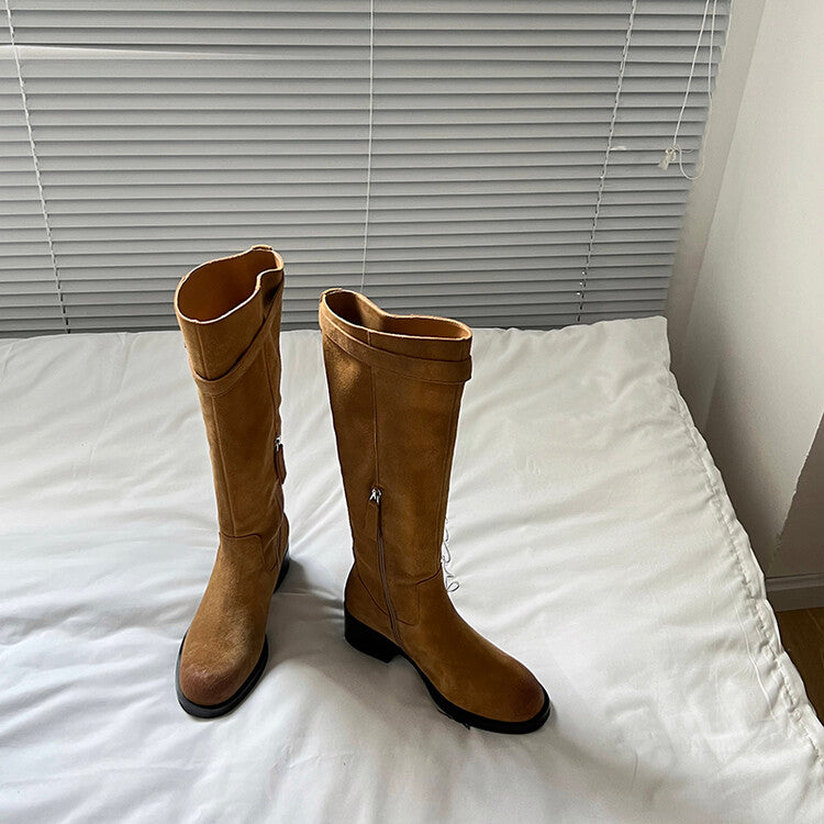 Karin Luna Chunky Heels Round Head Belt Buckle  Fashionable Suede Boots