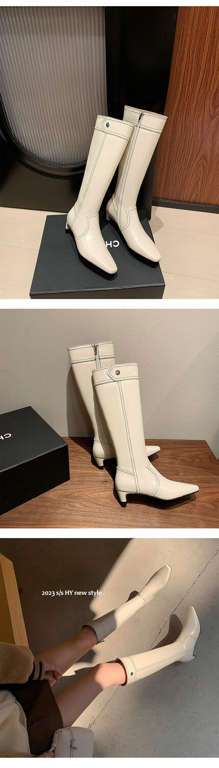 Karin Luna In Stock Spot Goods  Vintage Open Stitch Small Square Toe High Heel Side Zipper Riding Boots