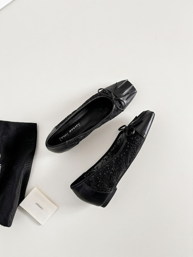 Karin Luna In Stock In Stock  Wrinkled Square Toe Patchwork Breathable Mesh Bow Granny Shoes
