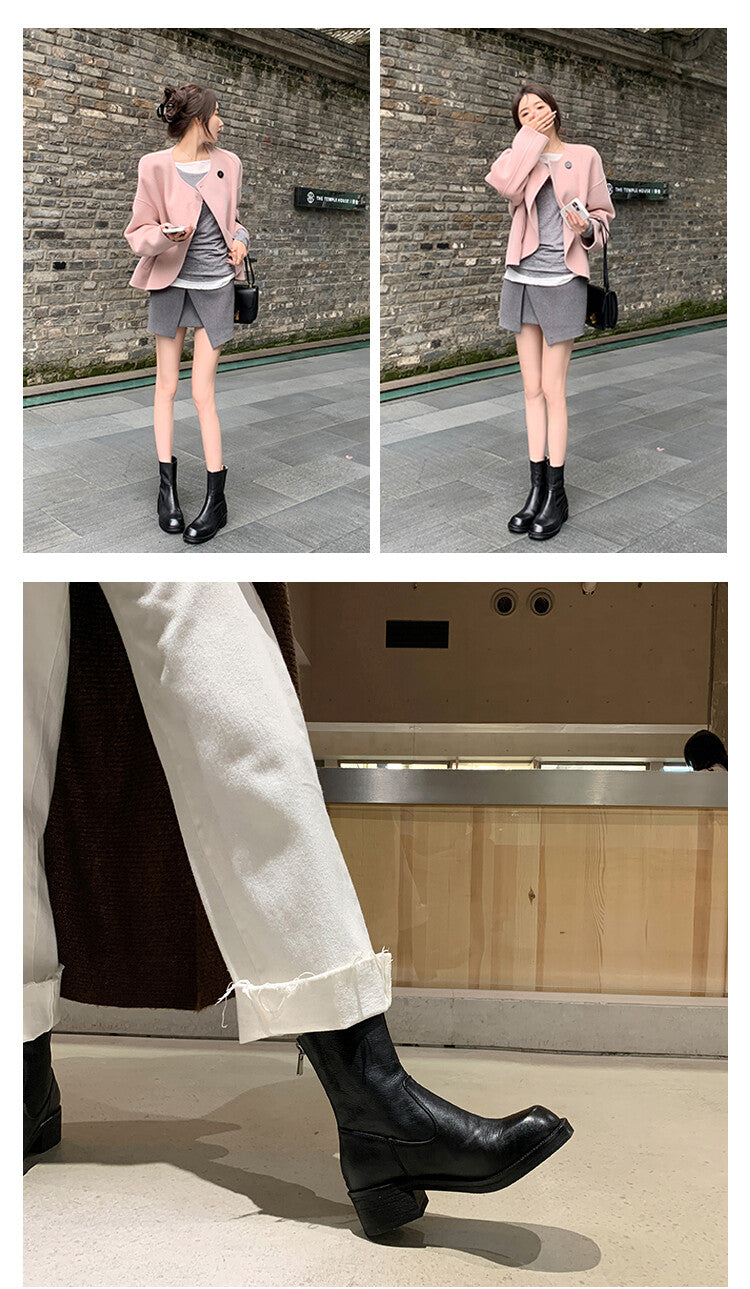 Karin Luna In Stock Spot Goods  Full-grain leather inside and out   Minimalist Texture  Round Toe Flat Bottom Basic Short Boots