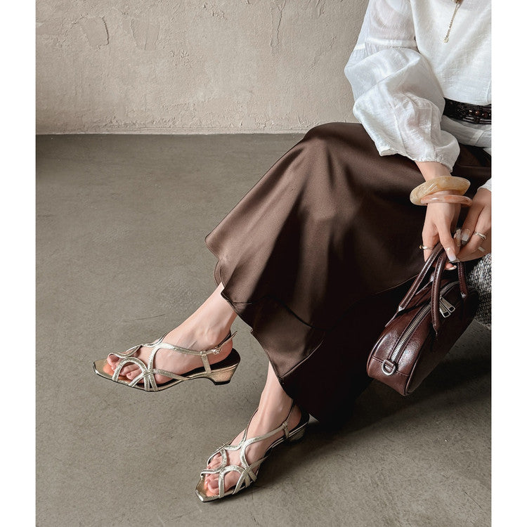 Karin Luna French Hollow Style Small Square Toe Chunky Heel Sandals
