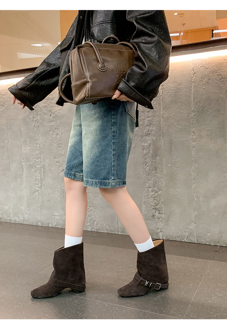 Karin Luna Data Hot Item Square Toe Hidden Wedge Belt Buckle Suede Ankle Boots