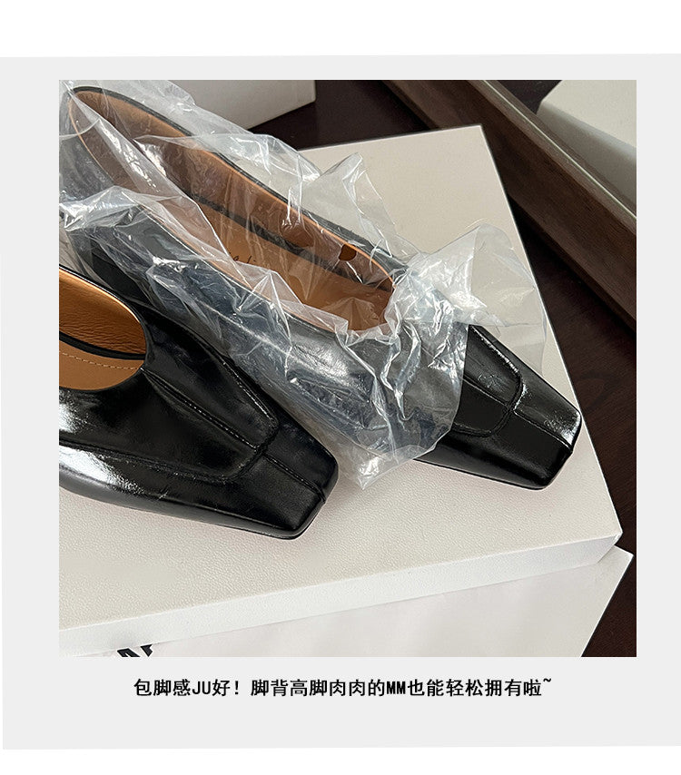 Karin Luna In Stock Spot Goods  Retro Full Leather Square Toe Shallow Mouth Single Shoes