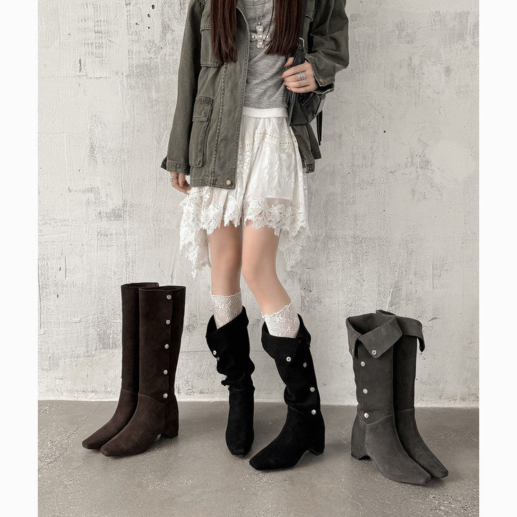 Karin Luna Bestseller Hot-Selling Hidden Buckle Lazy Style Square-Toe Height-Increasing Suede Western Boots