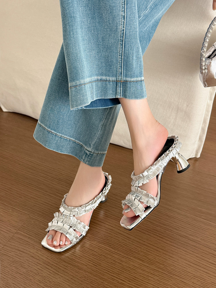 Karin Luna In Stock  Spot Goods  Unique Square-Toe Pleated Lace Sandals