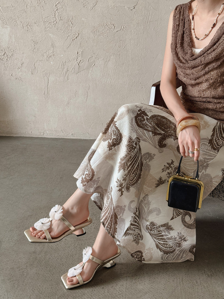 Karin Luna Hot-Selling Floral Square Toe Irregular Heel Floral Slippers