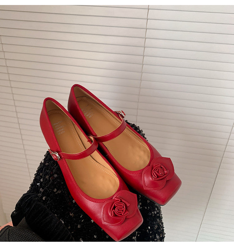 Karin Luna In Stock Spot Goods  Vintage Three-Dimensional Camellia Square-Toed Mary Jane Shoes