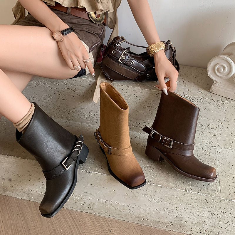 Karin Luna Elegant Style Square Toe Belt Buckle Pants Boot Short Boots