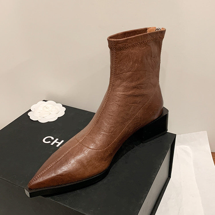 Karin Luna Elegant Style Pointed Toe Chunky Heel Short Boots