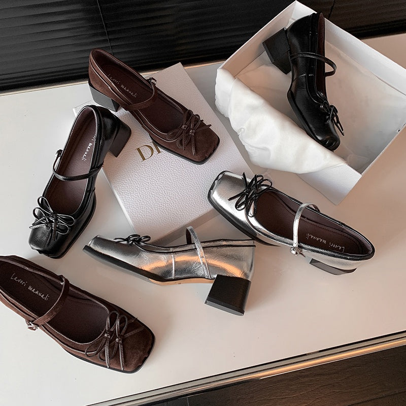 Karin Luna In Stock Spot Goods   One-strap Bowknot Square Toe Chunky Heel Mary Jane Shoes