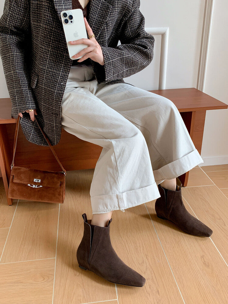 Karin Luna Classic Style Internal Height Increase Cowhide Leather Small Square Toe Short Fashion Boots