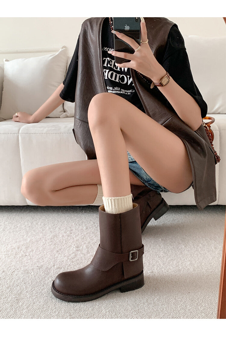 Karin Luna Belt Buckle Chunky Heel Fashion Short Boots