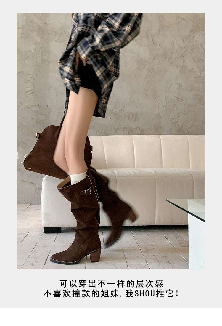 Karin Luna In Stock Spot Goods Retro Cowhide Leather Chunky Heel Suede Long Boots