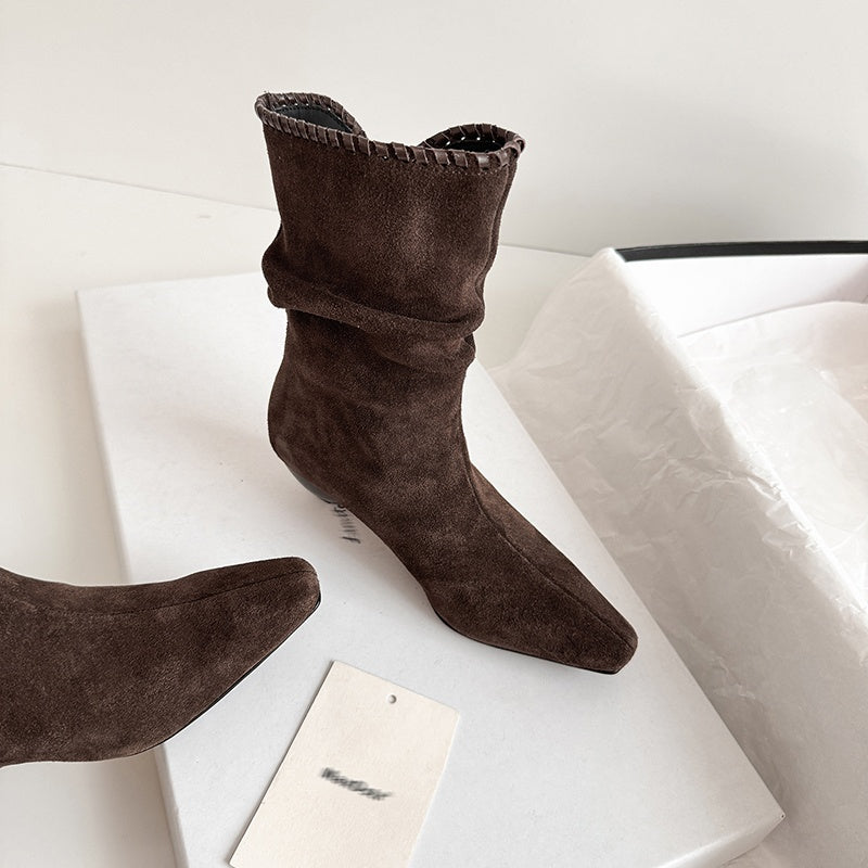 Karin Luna Elegant Style Small Square Toe Pleated Short Boots